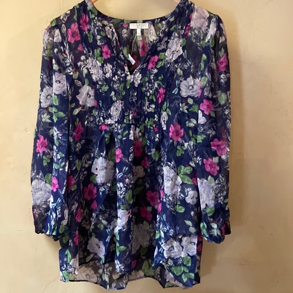 NWT Sz XS Joie Navy Fuchsia & Green Floral Print 100% Silk Gathered Neckline - Picture 2 of 6